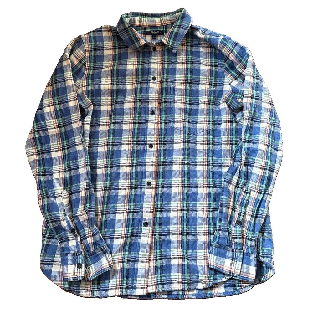 Madewell Shirt Womens L Blue Green Flannel Plaid Oversized Button Up